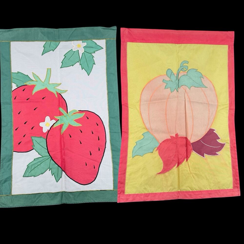 Set of 2 Outdoor Yard Banner House Flags Strawberry & Pumpkin 27x39 In